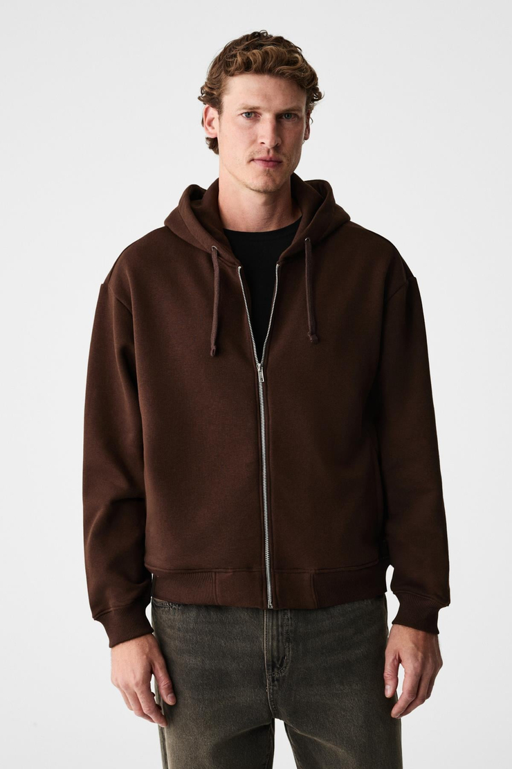 ASHBY Erkek Kapüşonlu Fermuarlı Cepli Kordonlu Boxy Kalıp Acı Kahve Sweatshirt