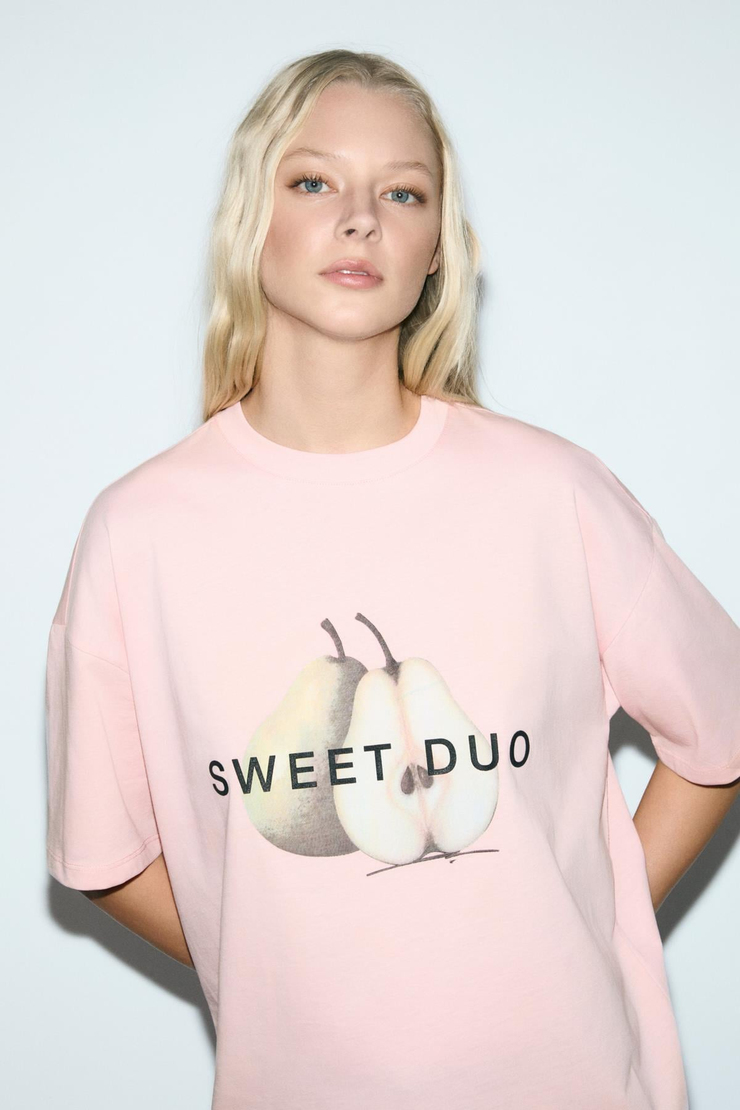 ASTERIVE Kadın Organik Pamuklu Baskılı Bisiklet Yaka Oversıze Somon T-Shirt