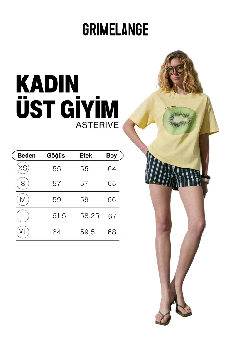 ASTERIVE Kadın Organik Pamuklu Baskılı Bisiklet Yaka Oversıze Sarı T-Shirt
