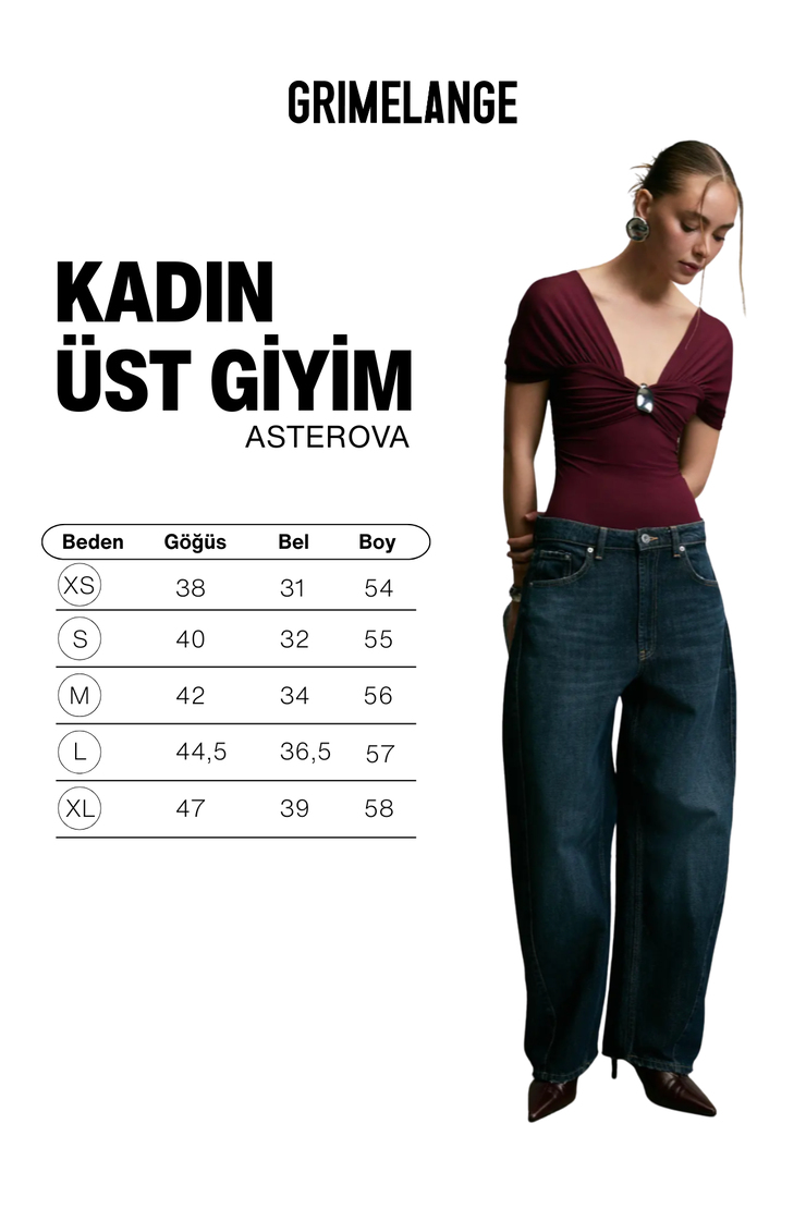 ASTEROVA Kadın Esnek Kumaşlı V Yakalı Toka Detaylı Bordo Bluz