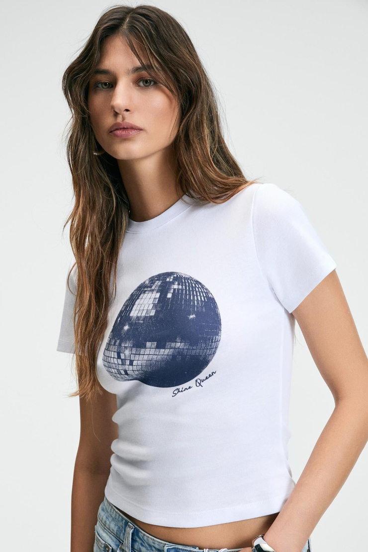 ATHEA Kadın Bisiklet Yaka Kısa Kollu Önü Baskılı Slim Beyaz - Desenli T-Shirt