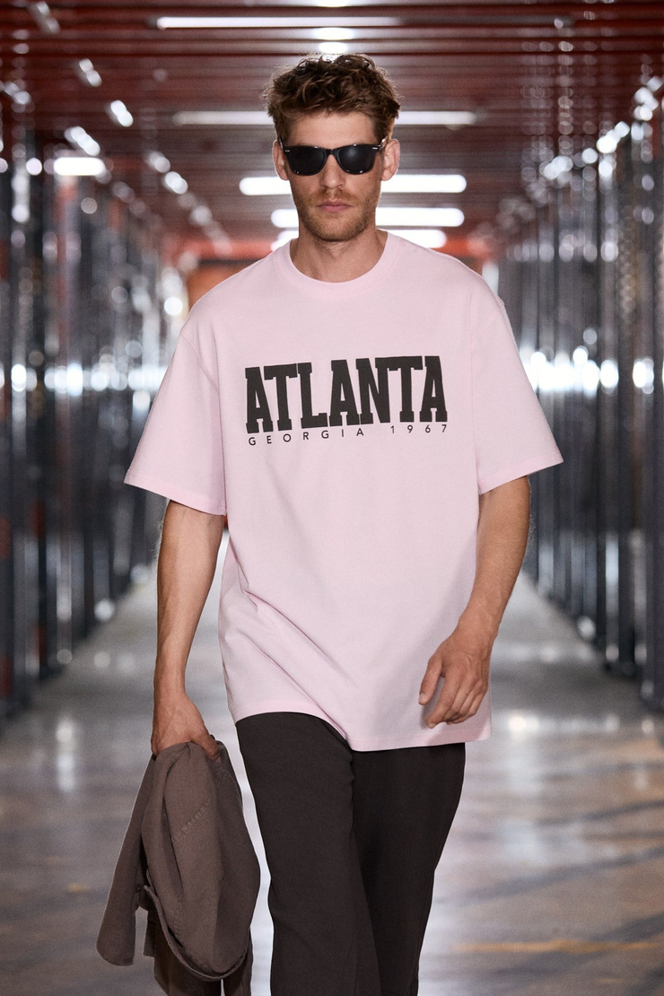 ATLANTA Erkek %100 Pamuklu Kısa Kollu Baskı Detaylı Koyu Pembe T-Shirt