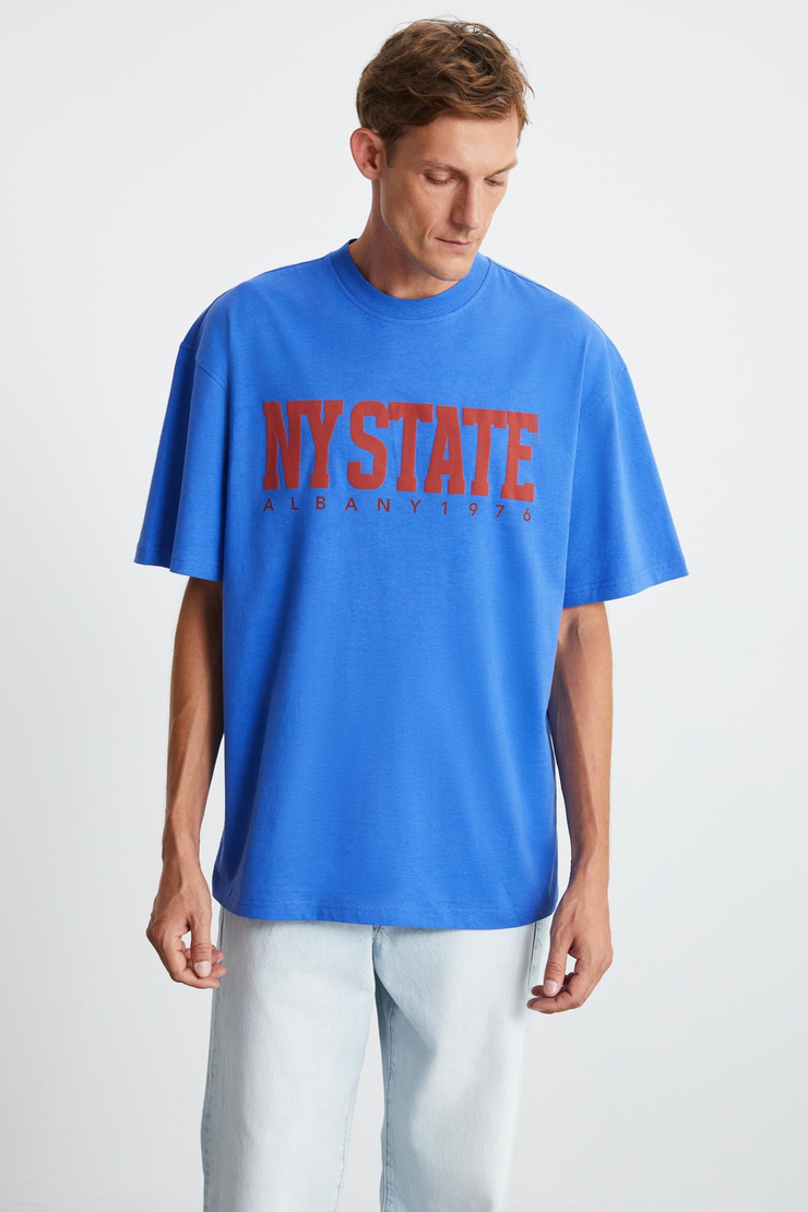 ATLANTA Erkek %100 Pamuklu Kısa Kollu Baskı Detaylı Parlament Mavi T-Shirt