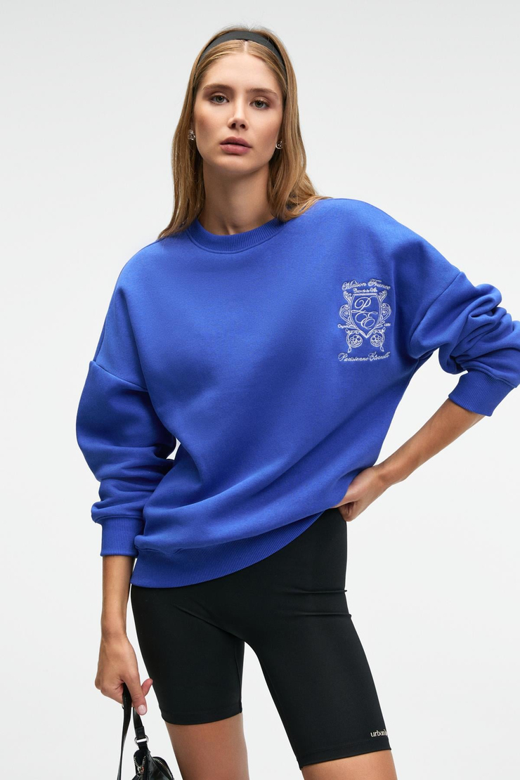 AUDRA Kadın Oversize Yuvarlak Yaka Nakış Detaylı Mavi Sweatshirt