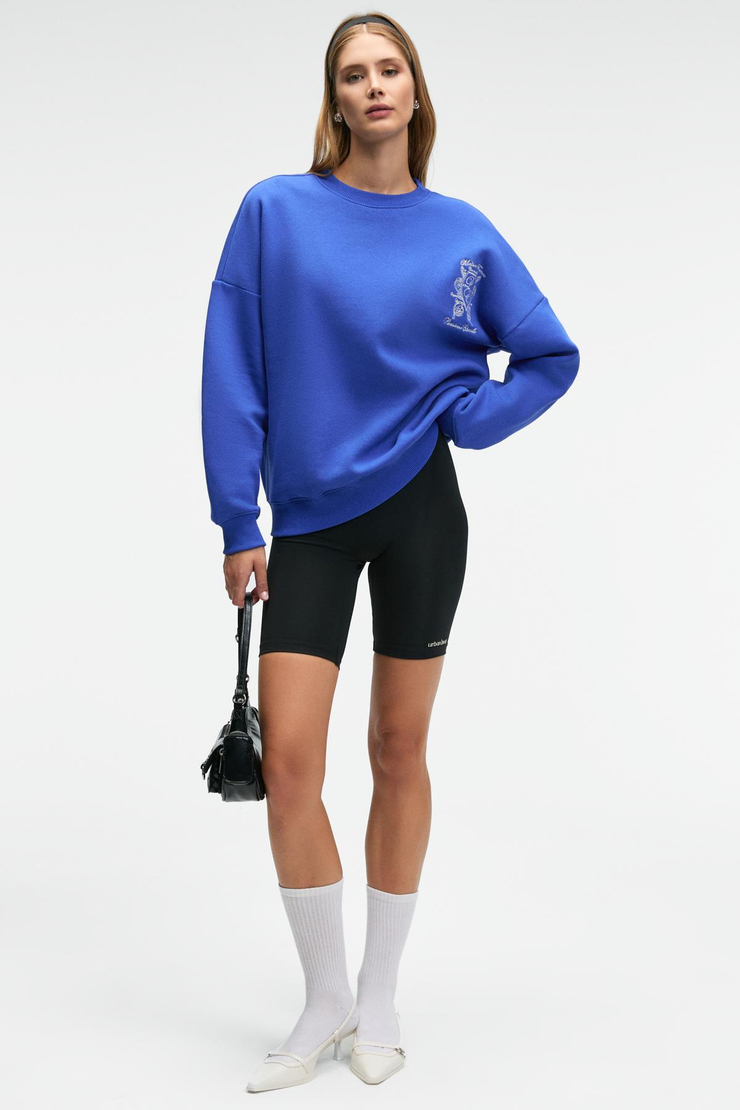 AUDRA Kadın Oversize Yuvarlak Yaka Nakış Detaylı Mavi Sweatshirt