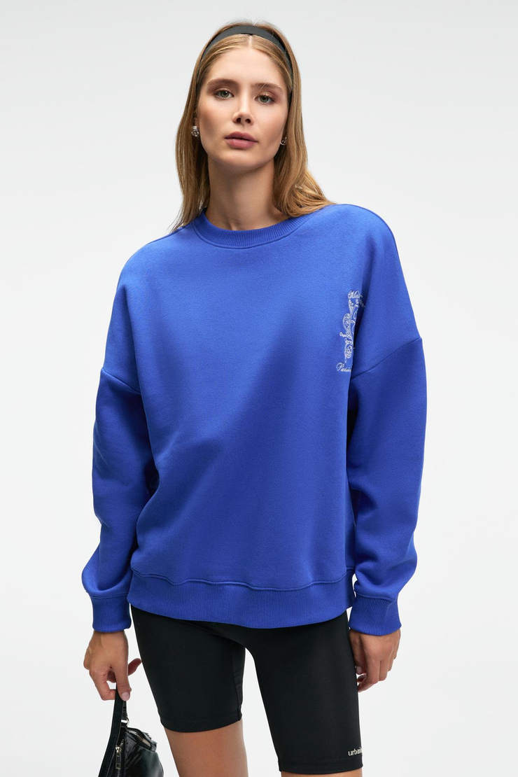 AUDRA Kadın Oversize Yuvarlak Yaka Nakış Detaylı Mavi Sweatshirt