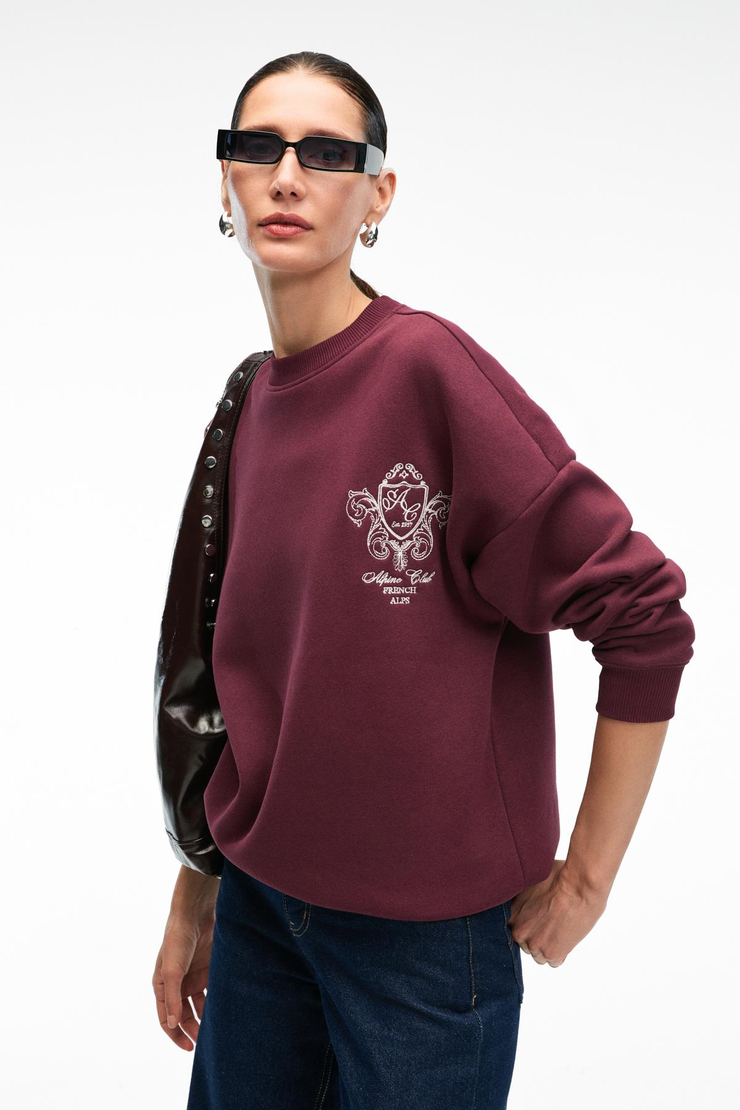 AUDRA Kadın Oversize Yuvarlak Yaka Nakış Detaylı Bordo Sweatshirt