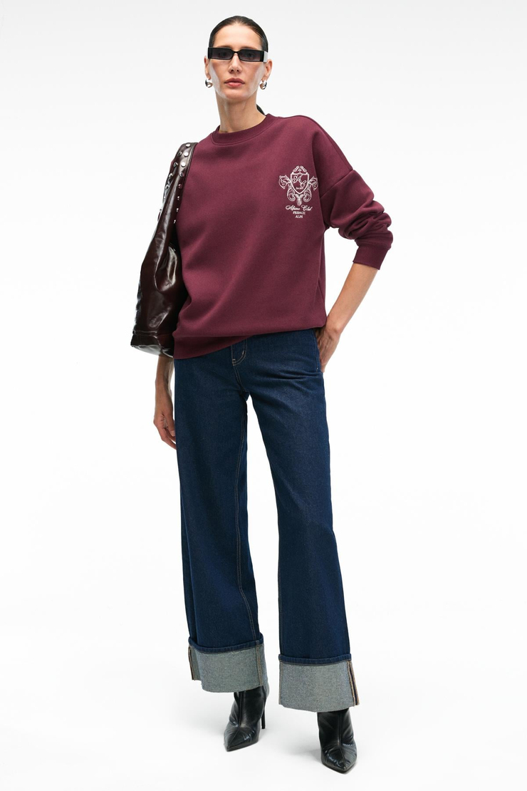 AUDRA Kadın Oversize Yuvarlak Yaka Nakış Detaylı Bordo Sweatshirt