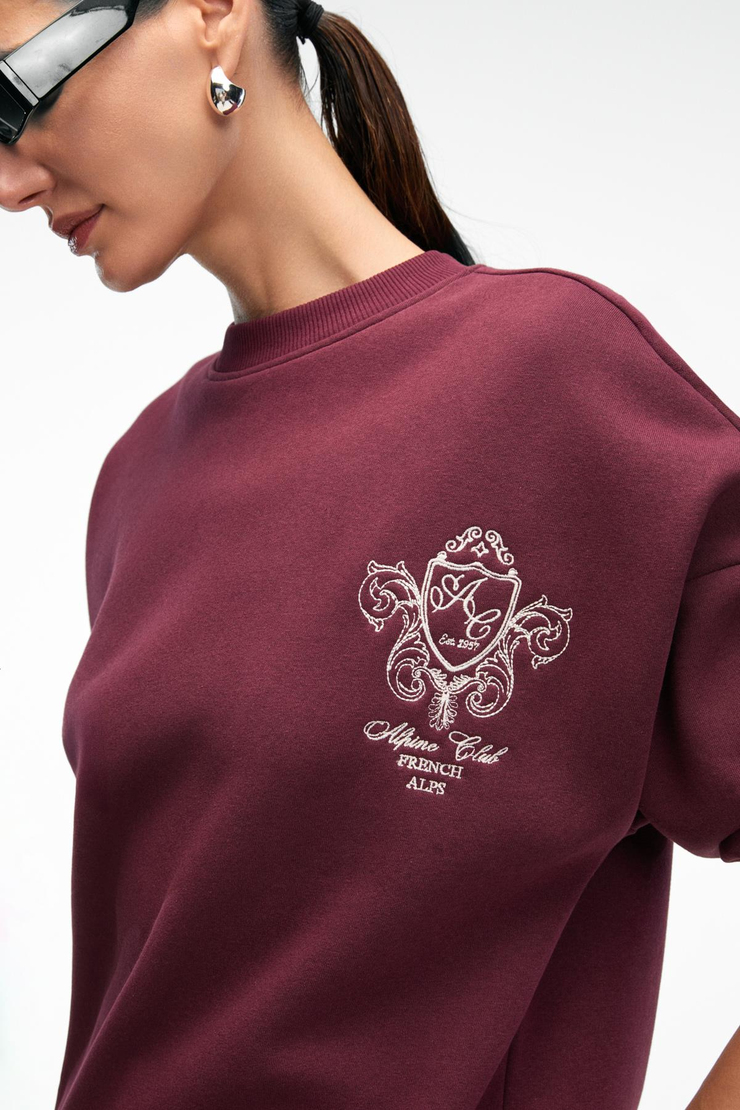 AUDRA Kadın Oversize Yuvarlak Yaka Nakış Detaylı Bordo Sweatshirt