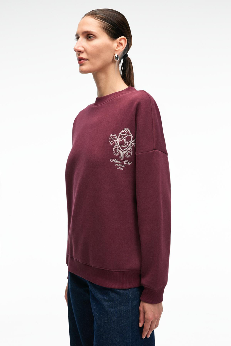 AUDRA Kadın Oversize Yuvarlak Yaka Nakış Detaylı Bordo Sweatshirt