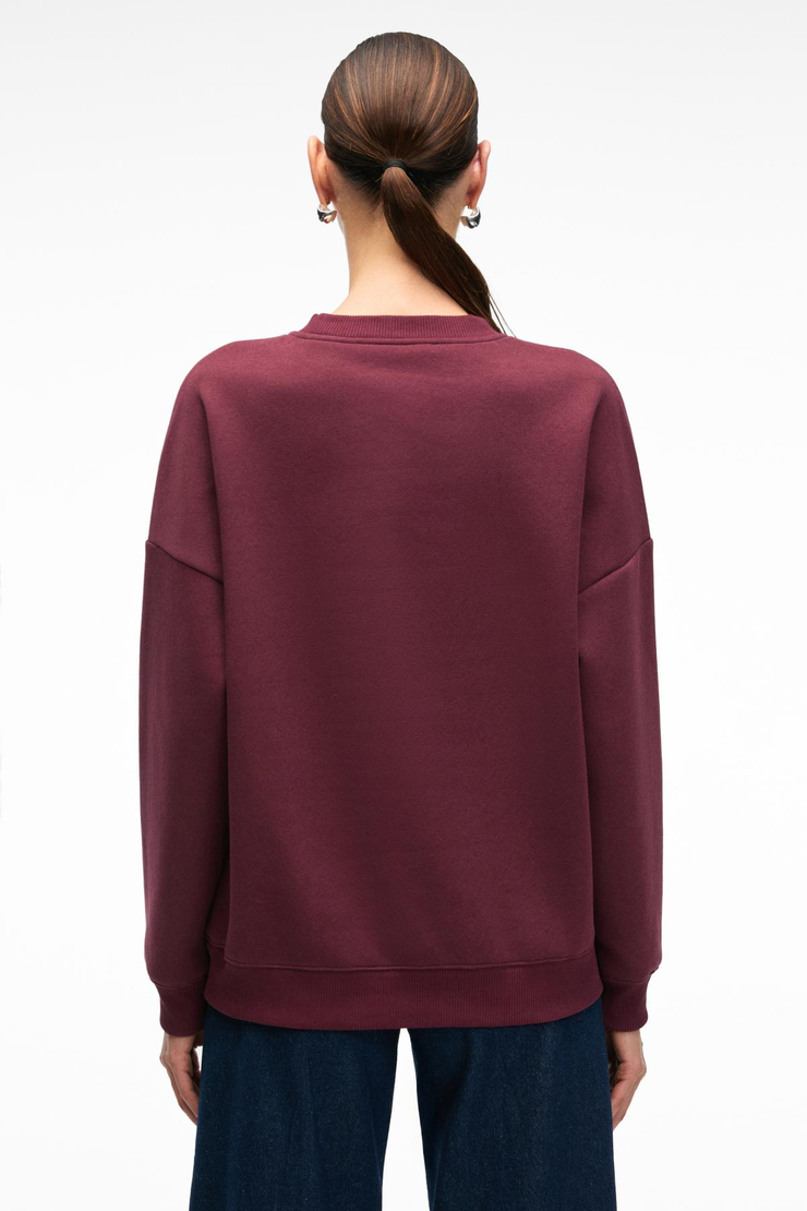 AUDRA Kadın Oversize Yuvarlak Yaka Nakış Detaylı Bordo Sweatshirt