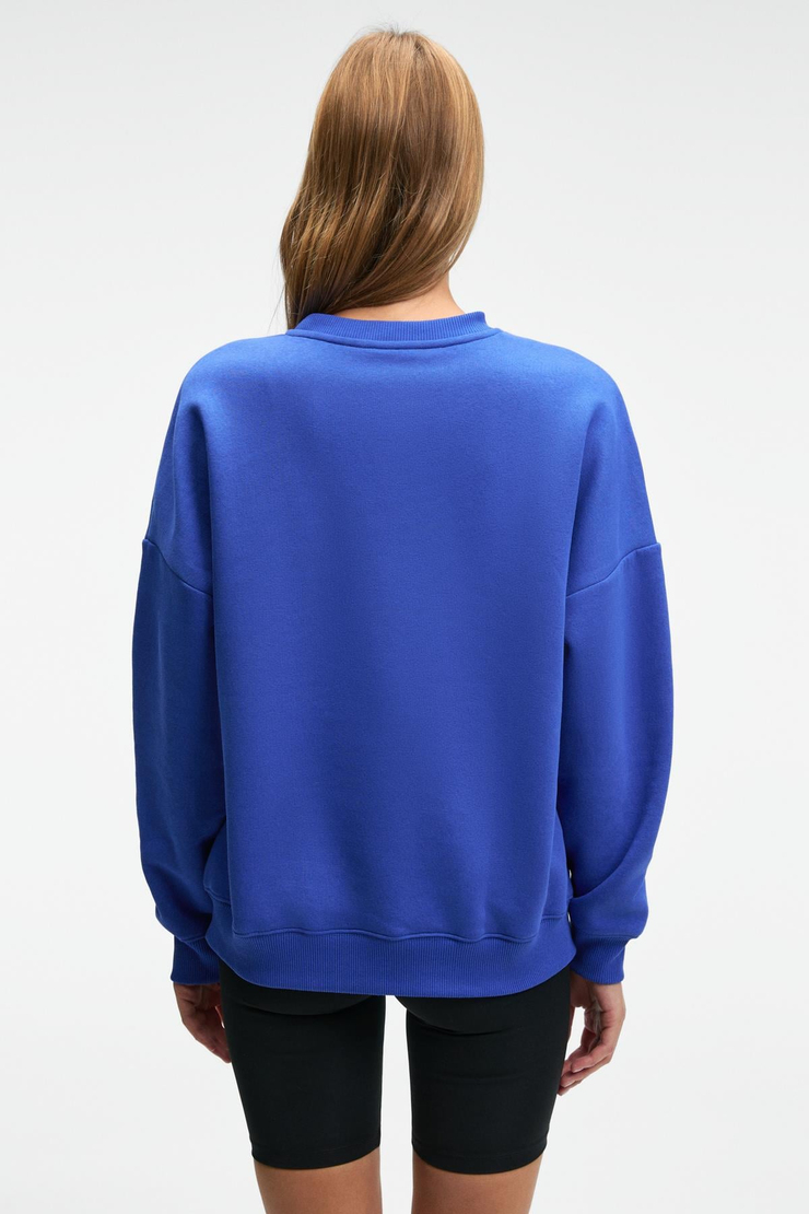 AUDRA Kadın Oversize Yuvarlak Yaka Nakış Detaylı Mavi Sweatshirt