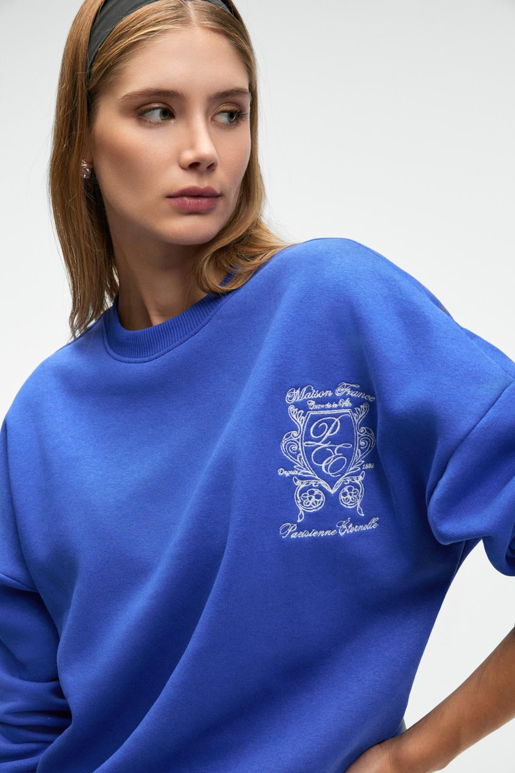 AUDRA Kadın Oversize Yuvarlak Yaka Nakış Detaylı Mavi Sweatshirt