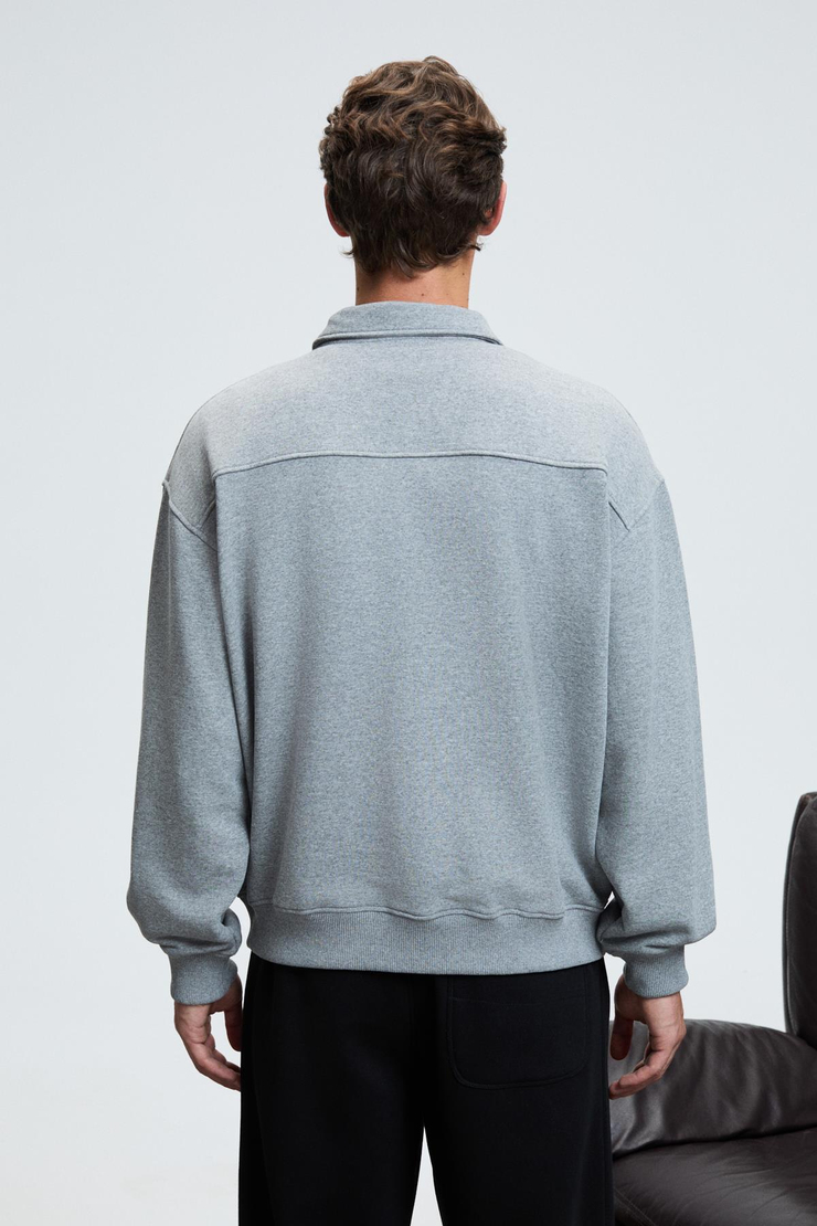 AUGUST Erkek %100 Pamuk Yarım Fermuarlı Yakalı Cepli Süs Etiketli Grimelanj Sweatshirt