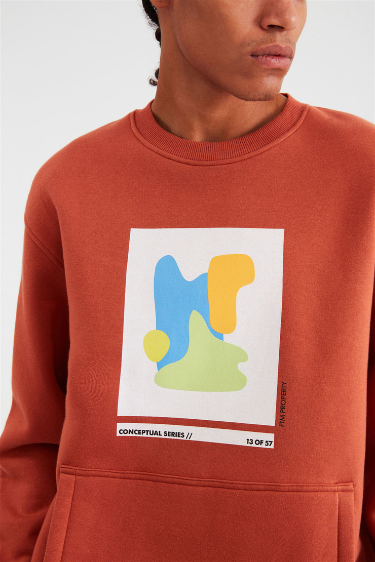 AWKS Erkek Kiremit Rengi Baskılı Yuvarlak Yaka Comfort Fit Sweatshirt