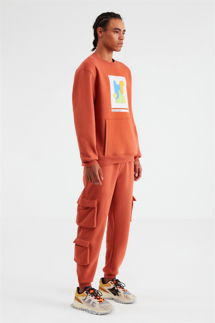 AWKS Erkek Kiremit Rengi Baskılı Yuvarlak Yaka Comfort Fit Sweatshirt