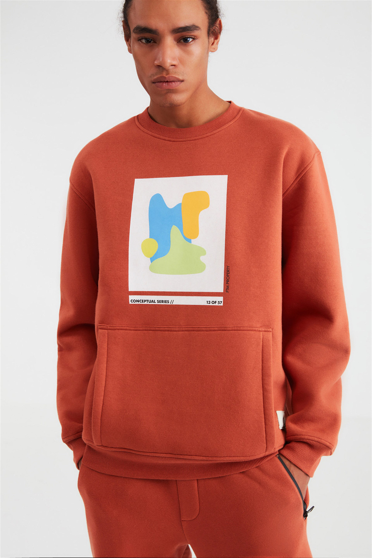 AWKS Erkek Kiremit Rengi Baskılı Yuvarlak Yaka Comfort Fit Sweatshirt