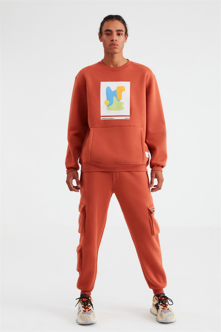 AWKS Erkek Kiremit Rengi Baskılı Yuvarlak Yaka Comfort Fit Sweatshirt