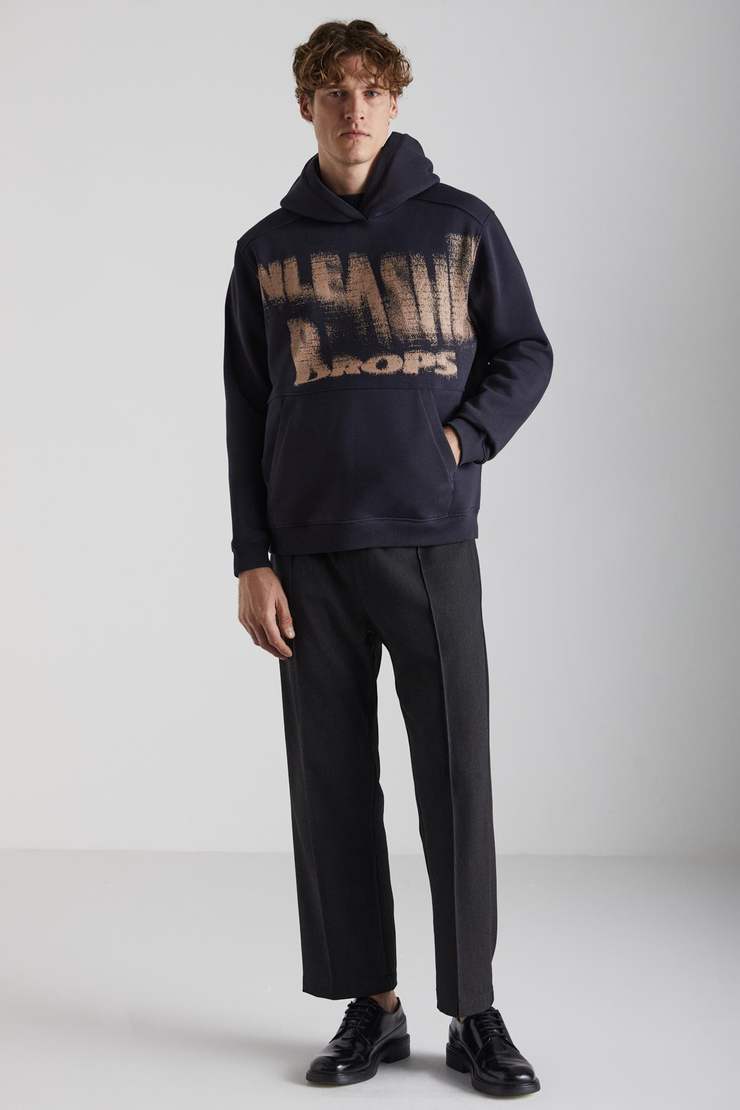 AXEL Erkek Örme 3 İplik İçi Şardonlu Baskılı Regular Fit Kapüşonlu Kanguru Cepli Antrasit Sweatshirt