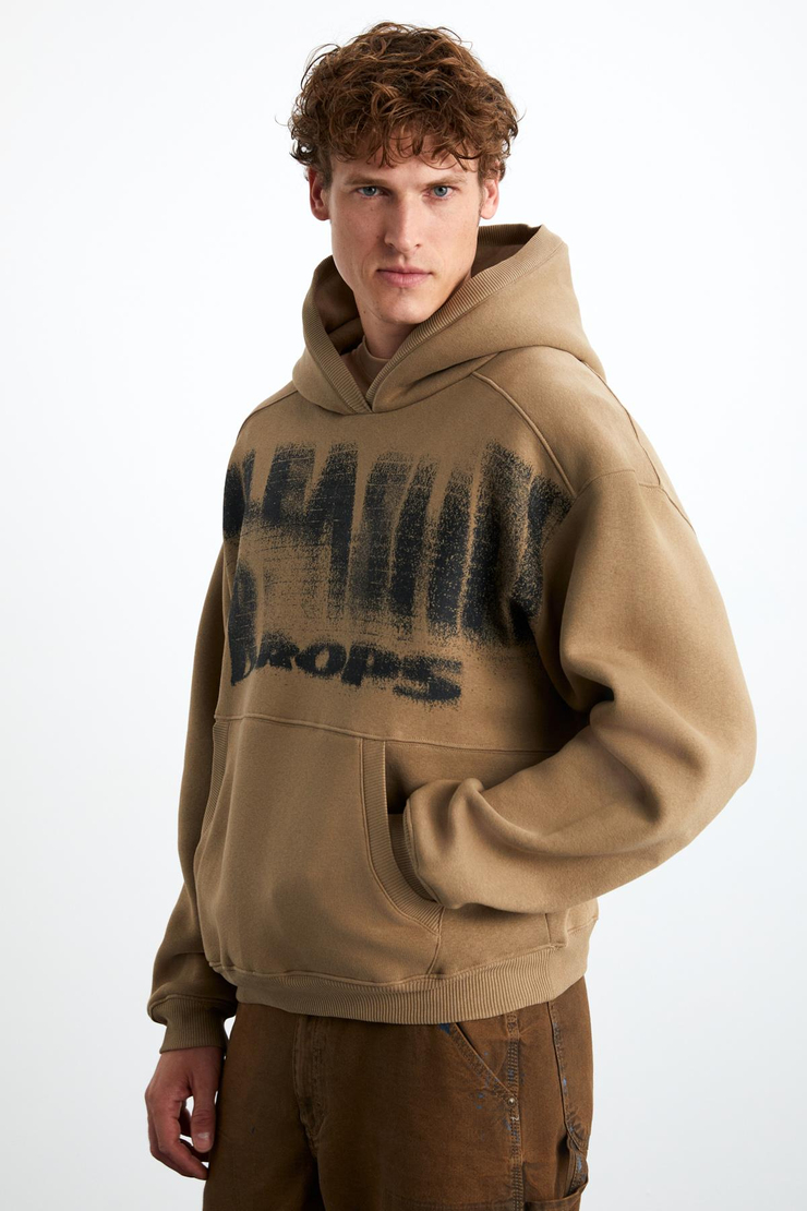 AXEL Erkek Örme 3 İplik İçi Şardonlu Baskılı Regular Fit Kapüşonlu Kanguru Cepli Vizon Sweatshirt