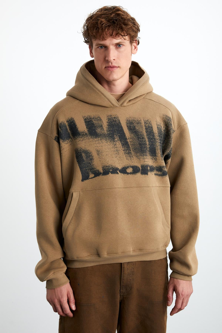 AXEL Erkek Örme 3 İplik İçi Şardonlu Baskılı Regular Fit Kapüşonlu Kanguru Cepli Vizon Sweatshirt