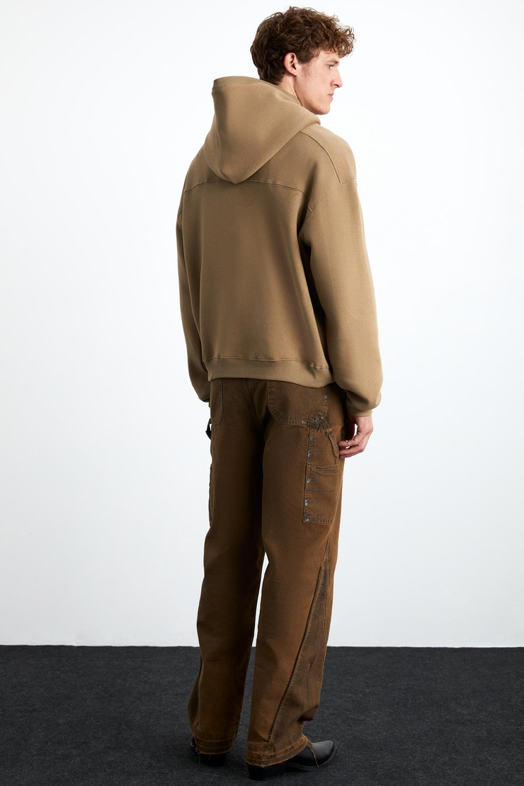 AXEL Erkek Örme 3 İplik İçi Şardonlu Baskılı Regular Fit Kapüşonlu Kanguru Cepli Vizon Sweatshirt