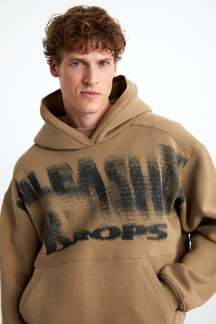 AXEL Erkek Örme 3 İplik İçi Şardonlu Baskılı Regular Fit Kapüşonlu Kanguru Cepli Vizon Sweatshirt