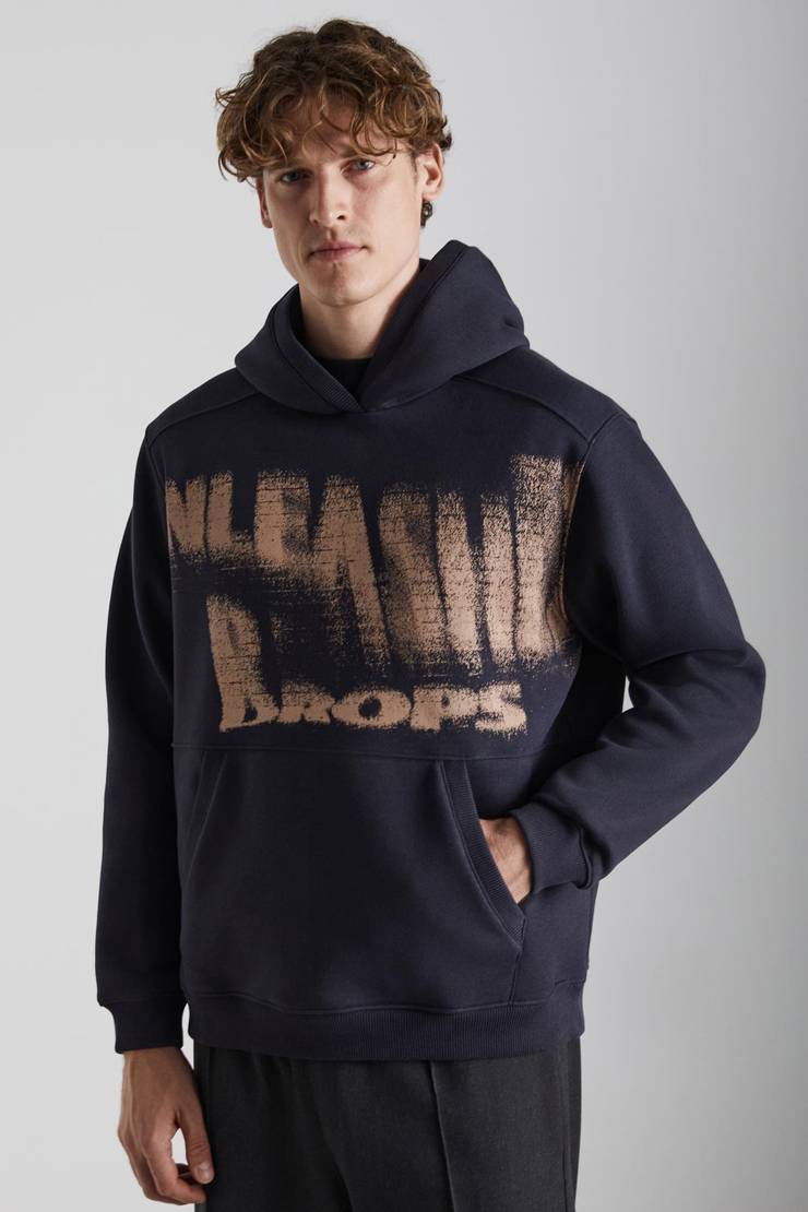 AXEL Erkek Örme 3 İplik İçi Şardonlu Baskılı Regular Fit Kapüşonlu Kanguru Cepli Antrasit Sweatshirt
