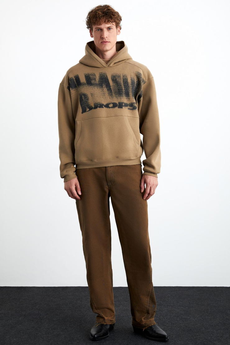 AXEL Erkek Örme 3 İplik İçi Şardonlu Baskılı Regular Fit Kapüşonlu Kanguru Cepli Vizon Sweatshirt