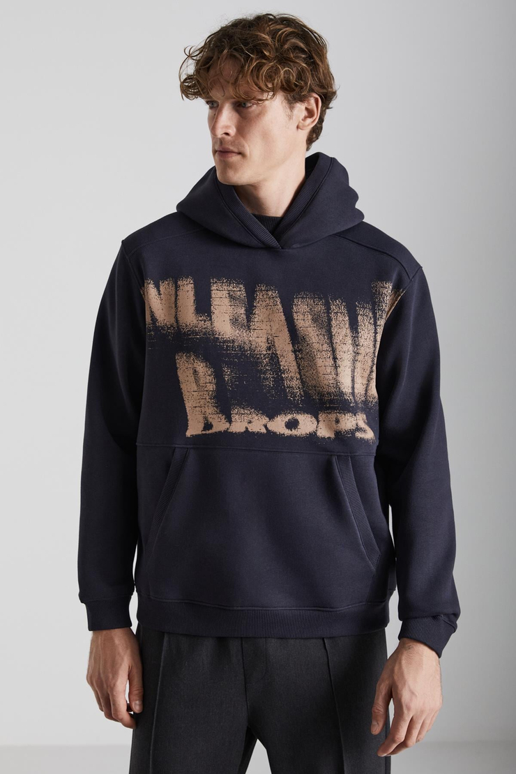 AXEL Erkek Örme 3 İplik İçi Şardonlu Baskılı Regular Fit Kapüşonlu Kanguru Cepli Antrasit Sweatshirt