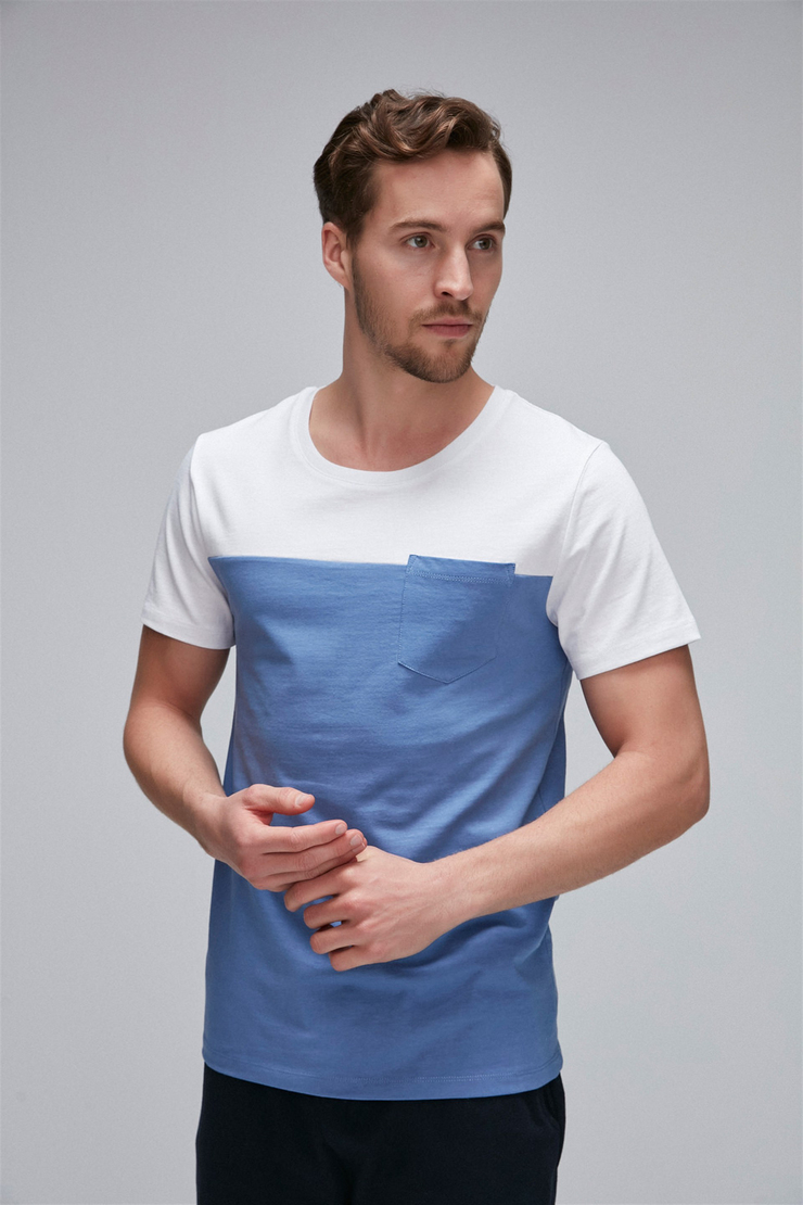 AYDEN Erkek Mavi Renk Bloklu Yuvarlak Yaka Comfort Fit T-Shirt