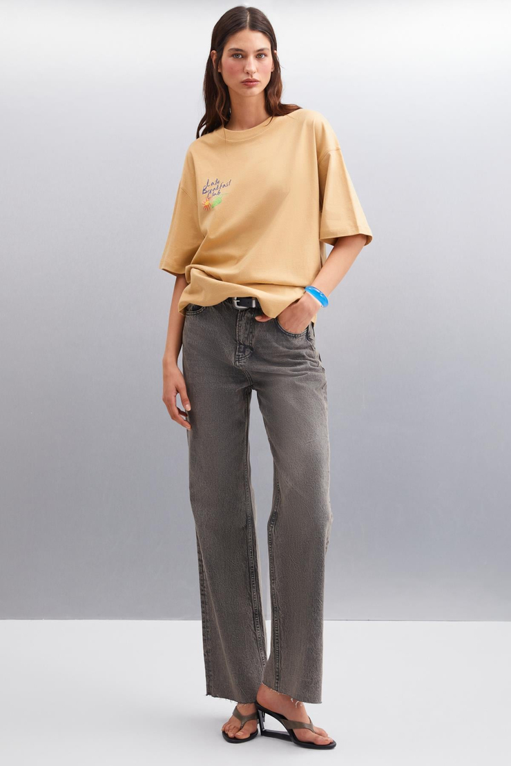 AYLEEN  Oversize Bej Tekli T-Shirt
