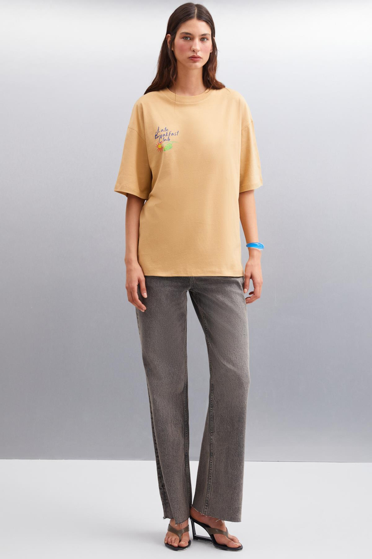 AYLEEN  Oversize Bej Tekli T-Shirt