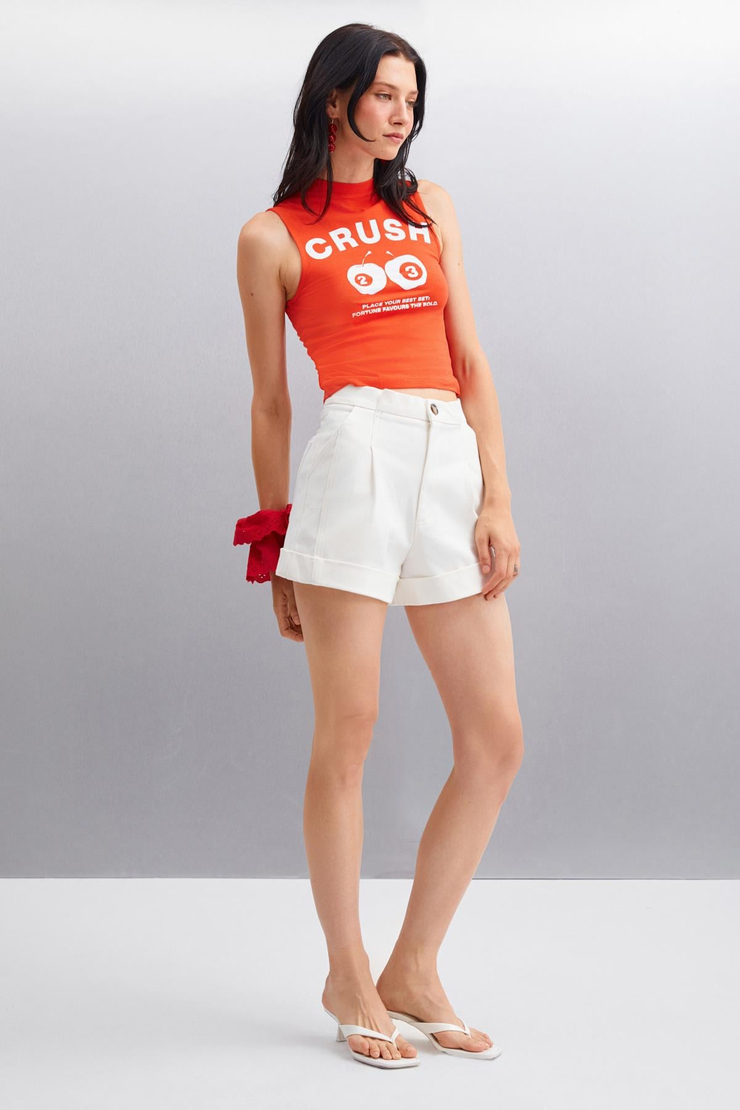 AZURA Kadın Baskılı Pamuklu Kısa Kollu Crop Kırmızı T-Shirt