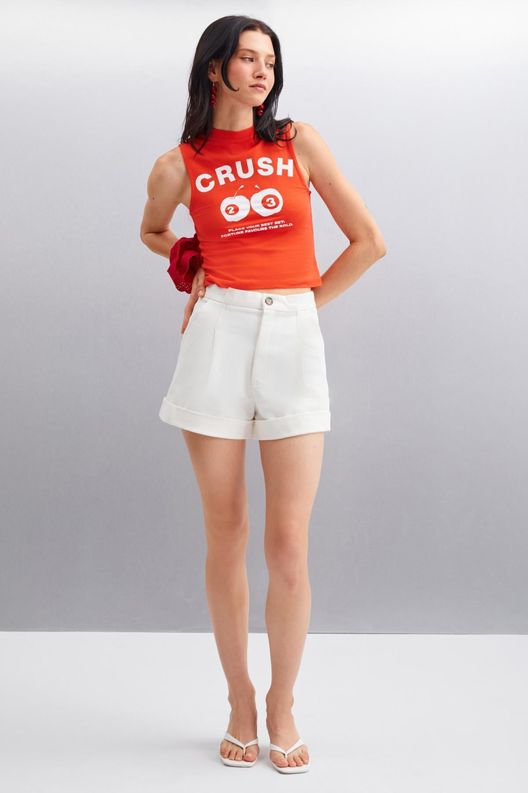 AZURA Kadın Baskılı Pamuklu Kısa Kollu Crop Kırmızı T-Shirt