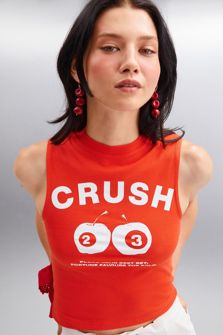 AZURA Kadın Baskılı Pamuklu Kısa Kollu Crop Kırmızı T-Shirt