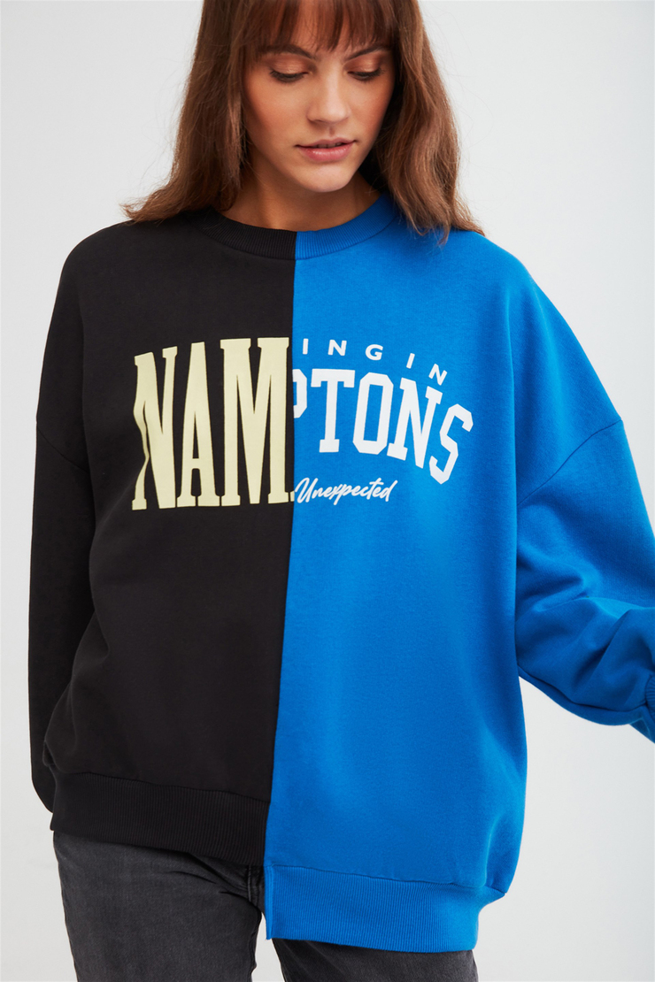 AZURE Kadın Mavi Renk Bloklu ve Baskılı Yuvarlak Yaka Oversize Sweatshirt