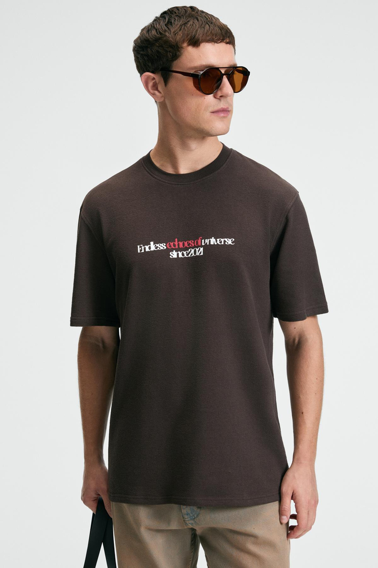 BAGGY Erkek %100 Pamuk Oversize Fit Baskılı Kısa Kollu Yuvarlak Yakalı Kahverengi T-Shirt