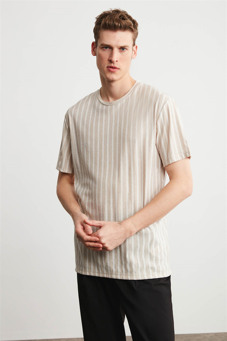 BARNEY Erkek Taş Rengi Çizgili Yuvarlak Yaka Comfort Fit T-Shirt