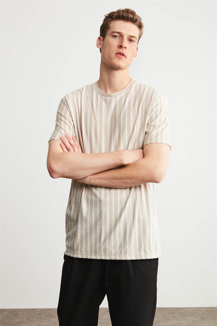 BARNEY Erkek Taş Rengi Çizgili Yuvarlak Yaka Comfort Fit T-Shirt