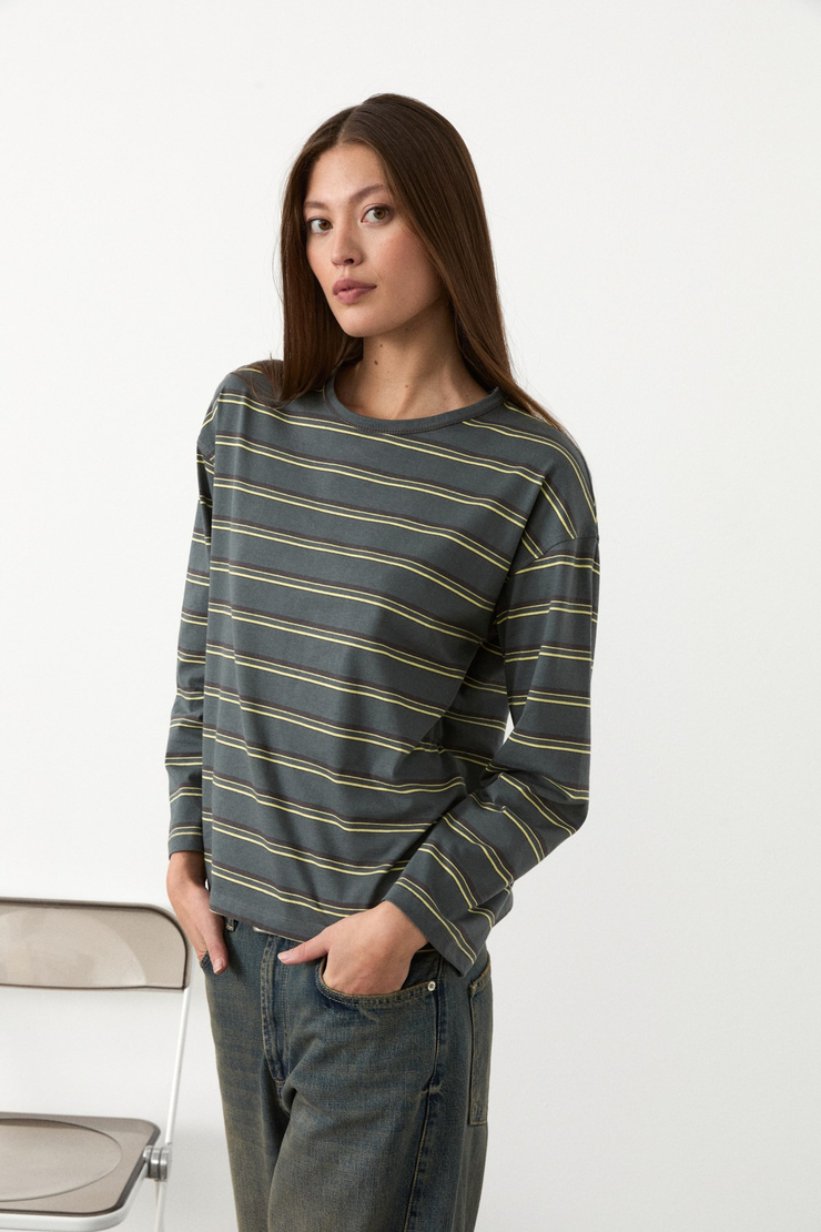 BASIL Kadını Oversize %100 Organik Pamuk Örme Uzun Kol Yeşil- Çizgili T-Shirt