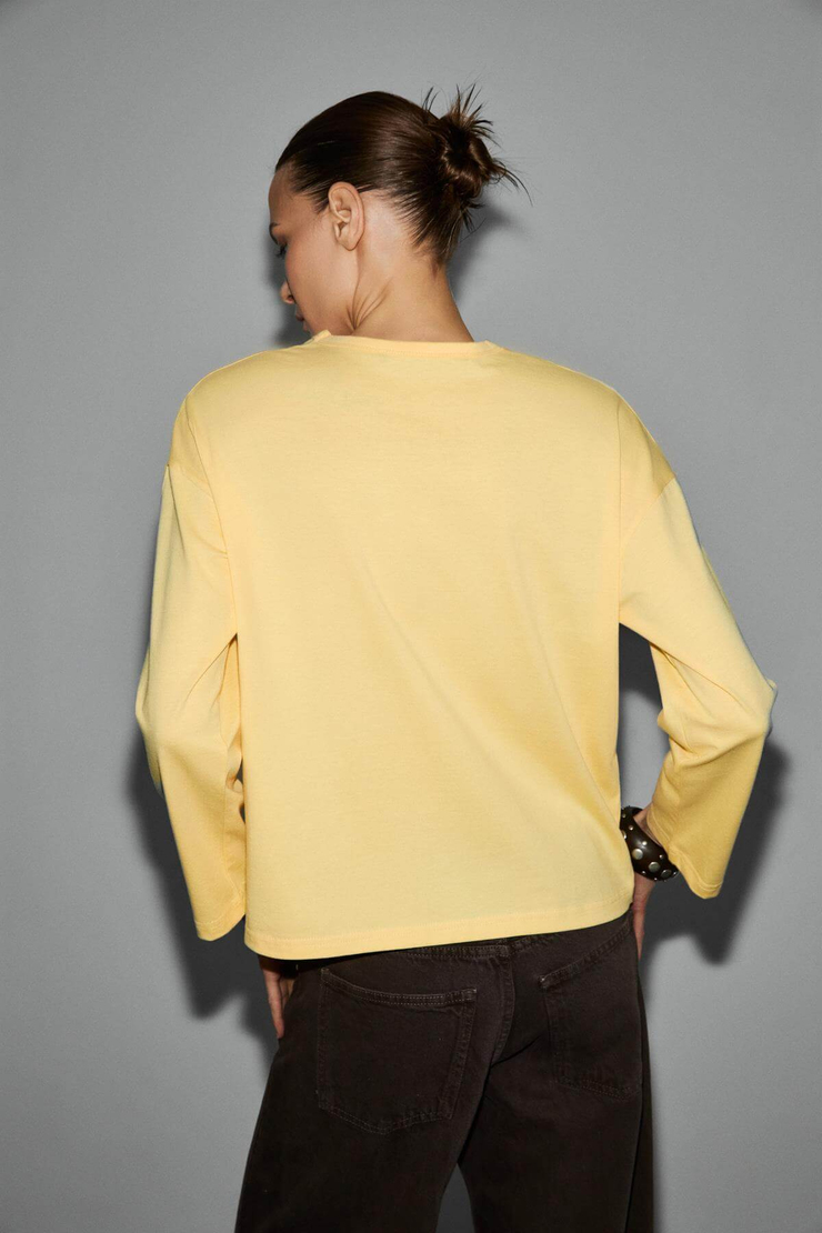 BASIL Kadını Oversize %100 Organik Pamuk Örme Uzun Kol Sarı T-Shirt
