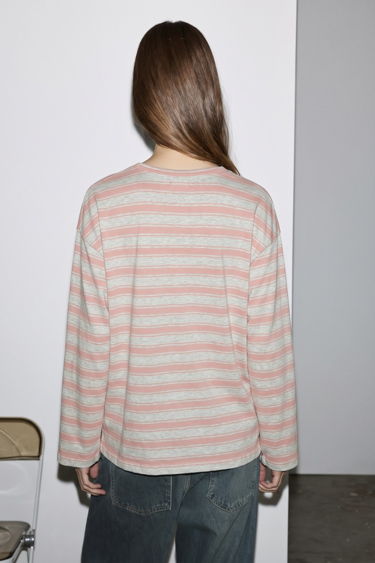 BASIL Kadını Oversize %100 Organik Pamuk Örme Uzun Kol Pembe Çizgili T-Shirt