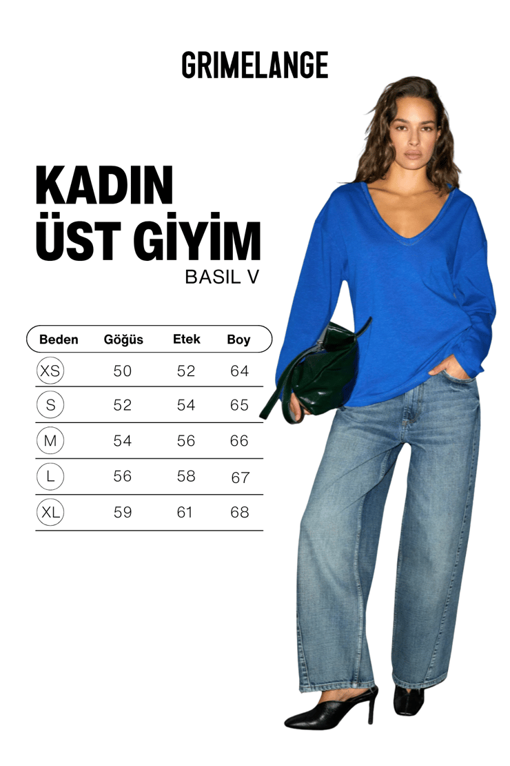 BASIL V Kadın Oversize Uzun Kollu Ve V Yakalı Mavi Bluz