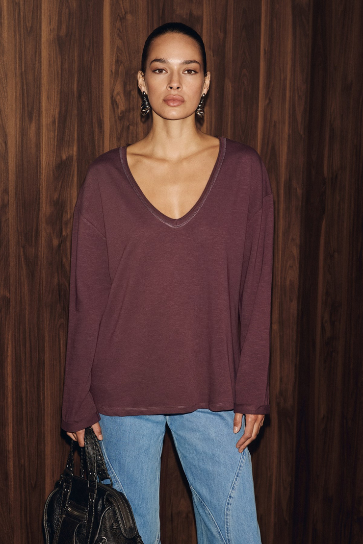 BASIL V Kadın Oversize Uzun Kollu Ve V Yakalı Mürdüm Bluz