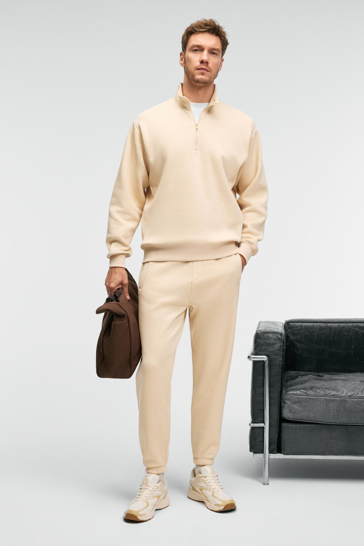 BAXTER Erkek Dik Yakalı Fermuarlı Relaxed Vanilya Sweatshirt