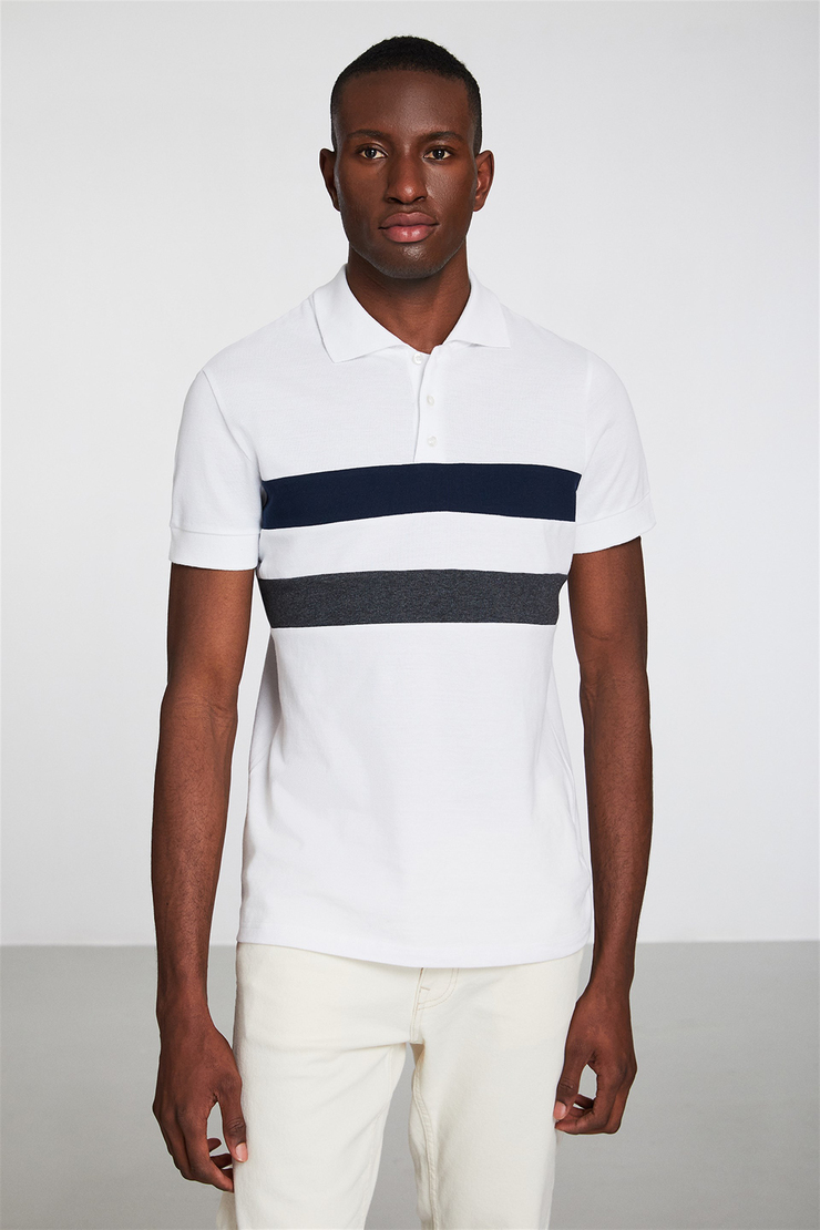BENNET Erkek Beyaz Renk Bloklu Polo Yaka Slim Fit Polo Yaka T-shirt