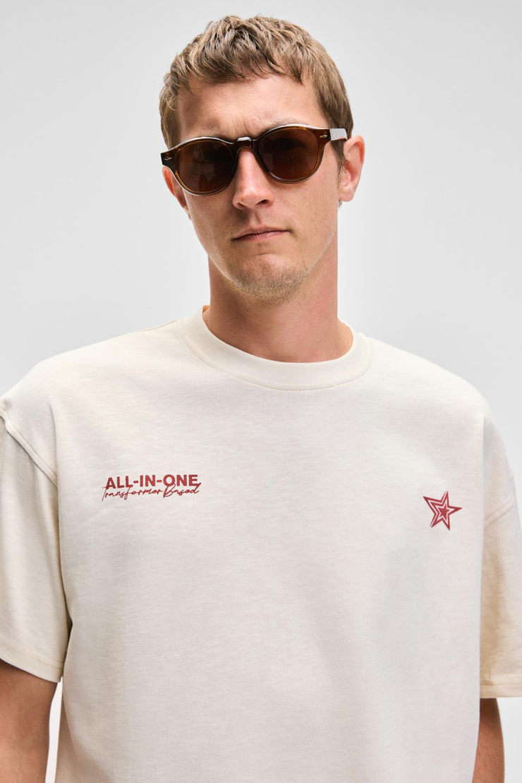 BERLI Erkek Bisiklet Yaka %100 Organik Pamuklu Oversize Fit Vanilya T-Shirt