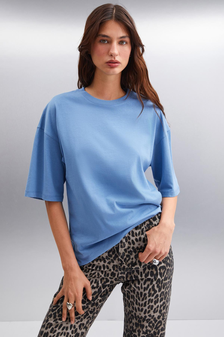 BETSY Basic Relaxed Mavi Tekli T-Shirt