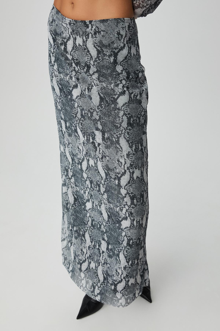 BEULAH Kadın Maxi Boy Slim Fit Beli Lastikli Tül Batik Desenli Yılan Desenli Etek
